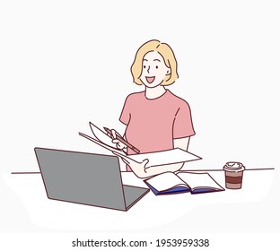 Young woman working from home using laptop computer. Hand drawn in thin line style, vector illustrations.