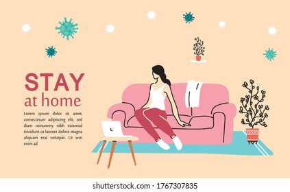 Young Woman Working At Home Vector Illustration Desing