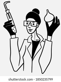 Young woman working in laboratory scientist Student in protective glasses and gloves holding flask doing research. Vector illustration doodle black line style