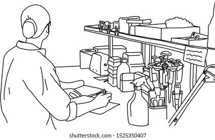 young woman working in the laboratory vector illustration sketch doodle hand drawn with black lines isolated on white background. Education concept.