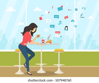 Mujer joven trabajando con laptop, comiendo hamburguesa y tomando café en un café estudiantil. Ilustración moderna y plana de redes sociales, búsqueda y envío de correo electrónico y mensajes de texto a amigos