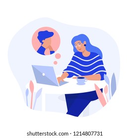 Young woman working with laptop. Flat modern illustration of social networking, searching and sending email, video chatting and texting to friends.