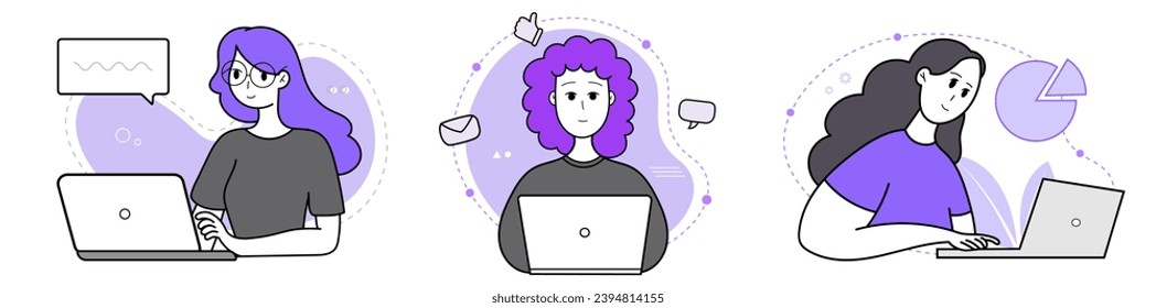 Young woman working at a laptop. Freelancer, student, consultant. Set of vector illustration in flat style.