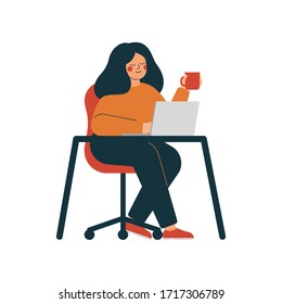 Young woman is working at the laptop and having tea time. Girl is sitting at the table and using a computer at home or office. Vector illustration in flat style.