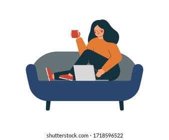 Young woman is working at the laptop and having coffee time. Girl is sitting on the couch at home and using a computer. Vector illustration in flat style.