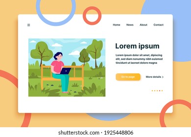 Young woman working with laptop in park. Bench, nature, garden flat vector illustration. Freelance and vacation concept for banner, website design or landing web page