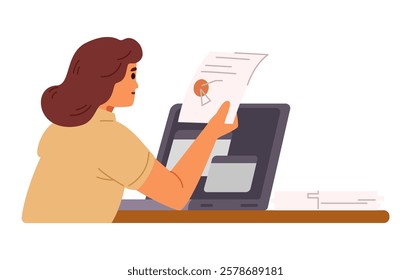 Young woman working at laptop sitting back flat vector illustration isolated on white waist-high.