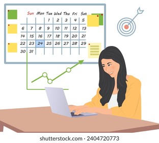 Young woman is working with laptop, using social media, working online.Vector illustration.