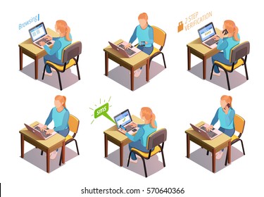 Young Woman Working With The Laptop. Vector Isometric Composition