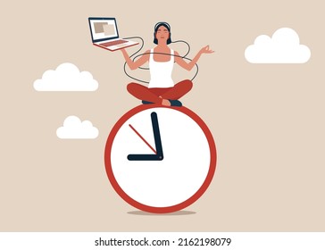 Young Woman Working With Laptop While Doing Yoga Or Meditation On Clock Face. Flexible Working Hours, Work Life Balance Or Focus And Time Management While Working From Home Concept.