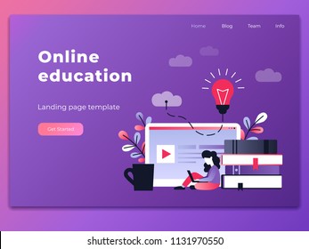 Young woman working with laptop at work desk. Modern ultra violet gradient line vector illustration of distance learning, online courses, education, exam preparation. Landing page template.