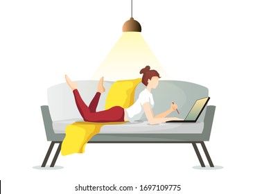 Young woman working or learning at home on the sofa. Freelance, work at home, online job, home office e-learning concept. Vector illustration for poster, card.