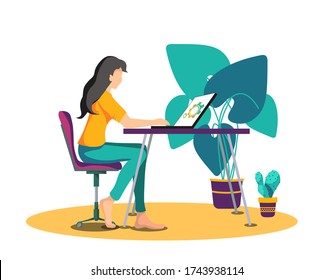 Young woman working or learning at home. Freelance, work at home, online job, e-learning, and home office concept. Vector illustration in flat style for poster, banner, advertising, card, commercial.