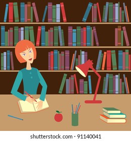 A young woman working in a library. Vector illustration.