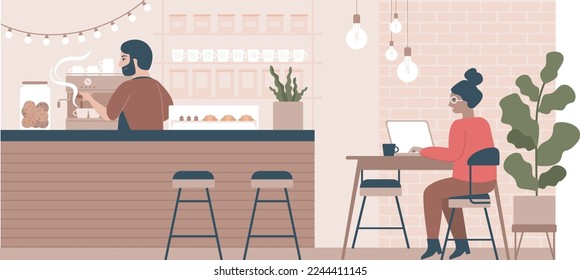 Joven trabajando en la moderna cafetería Barista haciendo café Coworking oficina con cafetería Ilustración vectorial plana. 