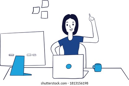 Young woman working in office illustration. Women working on laptop illustration. Women answer an online question design. Woman raising her hand on video call illustration. Girl attending online class