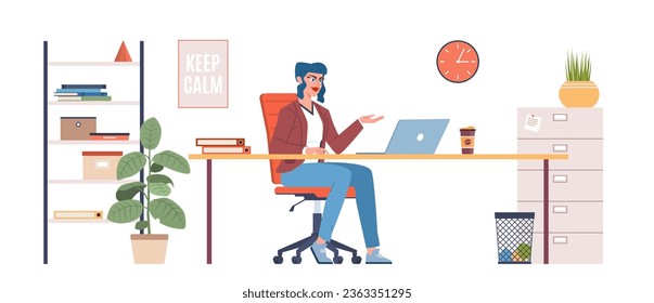 Young woman is working in an office with a laptop. Virtual video conference calls. Trash can, plants, clocks, shelving. Modern flat cartoon illustration isolated on white background