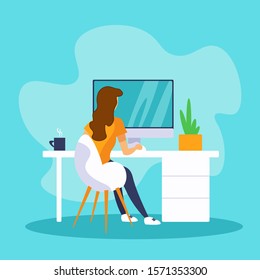 Young woman working on a computer. Woman sitting at the table back view. Vector illustration in flat style.