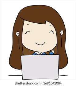 Young woman working on computer. Blue formal uniform suit clothes. Cartoon chibi character vector.