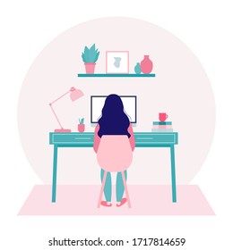 Young woman working on computer at her home office in a period of self-isolation and social distancing during COVID-19 virus pandemic. Stay at home concept. Freelance or studying concept illustration.