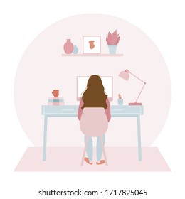 Young woman working on computer at her home office in period of self isolation and social distancing during Covid-19 virus pandemic. Stay at home concept. Freelance or studying concept illustration.