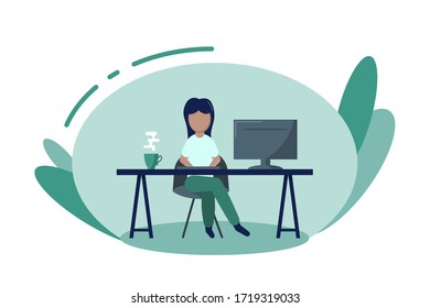 Young woman working on computer at her home office working desk. Flat style color modern vector illustration.