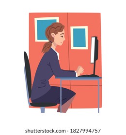 Junge Frauen, die an Computer im Büro, Geschäftsfrau oder Büroangestellten arbeiten, tägliche Routine-Cartoon-Stil-Vektorgrafik