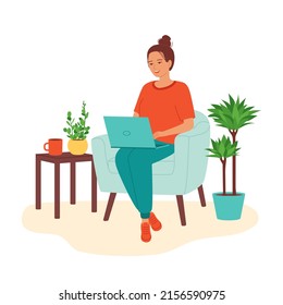 Young woman is working on a computer in armchair. Concept of remote work on laptop from home, freelance, distance education, courses, teaching, online shopping. Isolated flat vector illustration