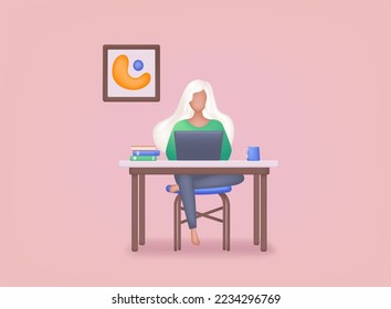 Young woman working on a computer. Freelance or studying concept. 3D Web Vector Illustrations.