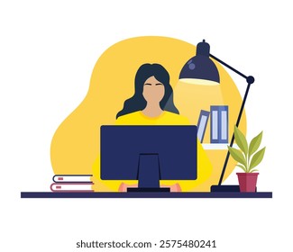 young woman working on computer, working from home concept flat illustration