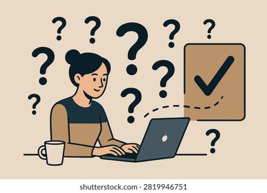 Young woman working on her laptop finding correct answers among many question marks with a big checkmark symbol.
