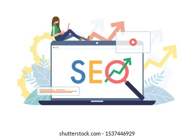 Young woman working on labtop on graph pointing up backround. SEO word screen with magnifier . Vector illustration flat design style. SEO, Search Engine Optimization, growth graph Concept.