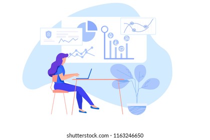 Young Woman Working On Laptop Computer At Her Home Office Working Desk.office Worker Studying The Infographic With Crypto Coin, Financial Overview With Bitcoin, Dash, Ethereum, Litecoin. Flat Style 