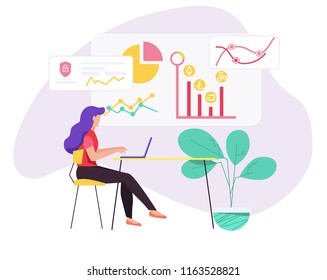 Young Woman Working On Laptop Computer At Her Home Office Working Desk.office Worker Studying The Infographic With Crypto Coin, Financial Overview With Bitcoin, Dash, Ethereum, Litecoin. Flat Style 