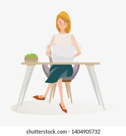 Young woman working on laptop freelance job. Hand drawn people design.