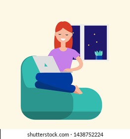 Young woman is working on laptop at deep night. Workaholic concept. Freelancer, blogger, copywriter vector illustration