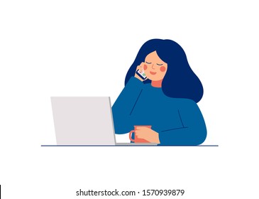 Young woman working on laptop computer and talking on mobile phone. Happy freelance worker at home. Vector flat cartoon illustration