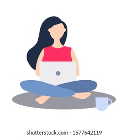 Young woman working on laptop computer while sitting on the floor with legs crossed. Vector illustration.