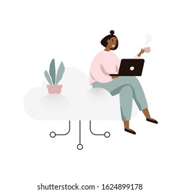 Young woman working on a laptop and sitting on a cloud. Cloud storage concept illustration in flat style.