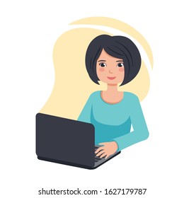 young woman working on laptop. manager freelancer. creative design profession. isolated vector illustration