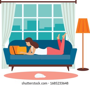 Young woman working on a laptop from home. Vector illustration