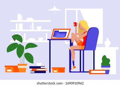 Young woman working on laptop at her home office working desk. Flat style in modern colors.