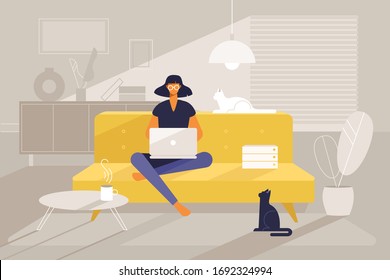 Young woman working on a laptop at home. Remote, comfortable workplace. Vector cartoon character - freelancer. Illustration in flat design.