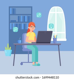 Young woman working on a laptop. Graphic designer, freelancer performs the work at the computer. Remote work at home concept.