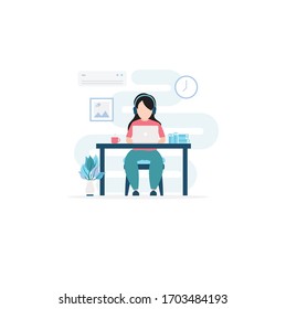 Young woman working on laptop computer. Work at home concept design Vector illustration