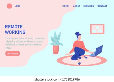 A young woman is working on a laptop and sitting on the floor. Concept freelance, remote work, work from home, self-isolation, quarantine, entertainment. Website homepage landing web page template.
