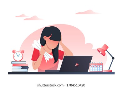 Young Woman Is Working On A Laptop. Stress At Work, Problem With Solving Tasks. Vector Flat Illustration For Web Design.