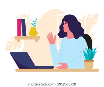 Young woman  working On Laptop, Freelance or studying concept. Cute trendy  illustration in flat style.