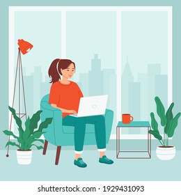 Young woman is working on laptop in chair in room with big window. Concept of remote online work from home using computer. Freelance, distance education, courses, teaching. Vector illustration