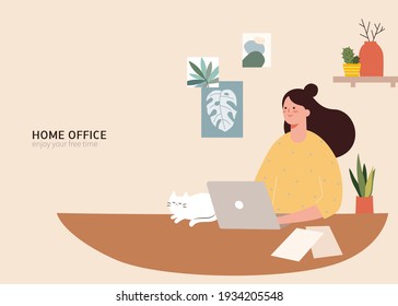 Young woman working on laptop while sitting at the desk with a pet cat, and decor element on wall behind, isometric 3d flat design of woman working at home office